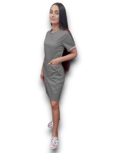 Sarafan medical gri cu insertie florala, fermoar la spate, din tercot elastic 2