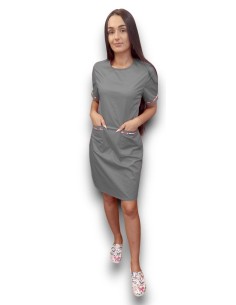 Sarafan medical gri cu insertie florala, fermoar la spate, din tercot elastic