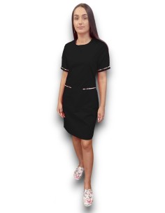 Sarafan medical negru cu insertie florala, fermoar la spate, din tercot elastic