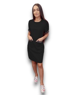 Sarafan medical negru cu insertie florala, fermoar la spate, din tercot elastic 2