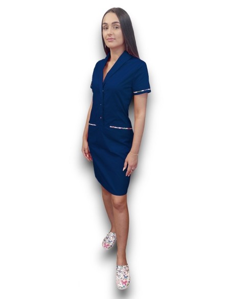 Sarafan medical bleumarin cu insertie florala, capse in fata, din tercot elastic Sarafan medical bleumarin cu insertie florala, capse in fata, din tercot elastic