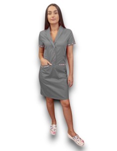 Sarafan medical gri cu insertie florala, capse in fata, din tercot elastic 2