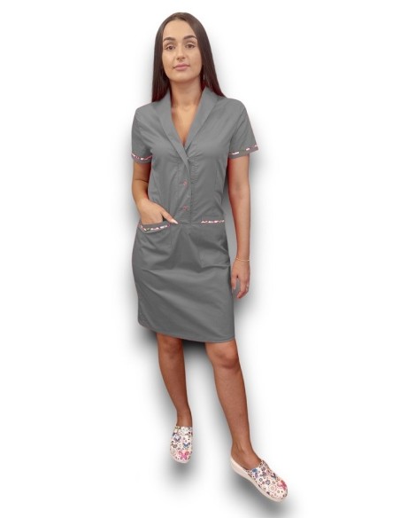 Sarafan medical gri cu insertie florala, capse in fata, din tercot elastic Sarafan medical gri cu insertie florala, capse in fata, din tercot elastic