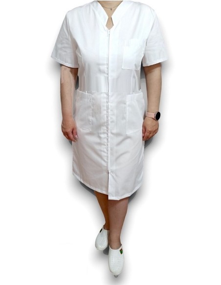 Sarafan medical alb cu fermoar in fata, din tercot elastic Sarafan medical alb cu fermoar in fata, din tercot elastic