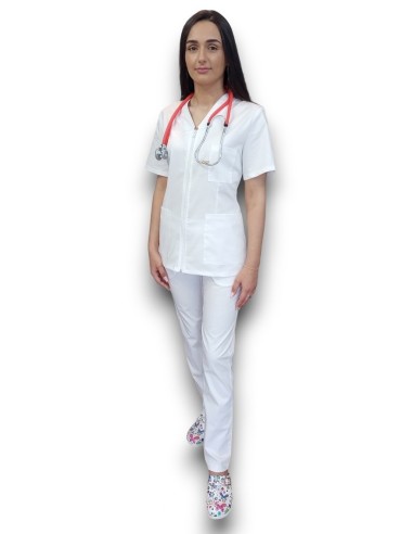 Pantaloni uniforma medicala, din tercot elastic alb