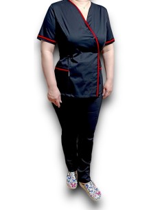 Costum medical Kimono, negru cu insertie rosie, din tercot elastic 2