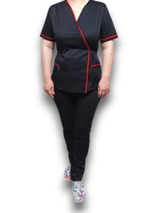 Costum medical Kimono, negru cu insertie rosie, din tercot elastic