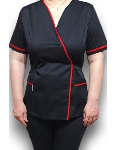 Halat medical Kimono, negru cu insertie rosie, din tercot elastic 2