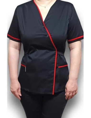 Halat medical Kimono, negru cu insertie rosie, din tercot elastic