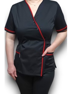 Halat medical Kimono, negru cu insertie rosie, din tercot elastic