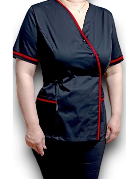 Halat medical Kimono, negru cu insertie rosie, din tercot elastic Halat medical Kimono, negru cu insertie rosie, din tercot elastic