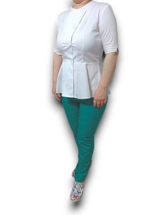 Costum medical alb verde petrecut basc, din tercot elastic