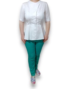 Costum medical alb verde petrecut basc, din tercot elastic 2