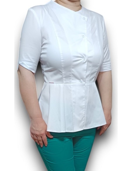 Halat medical alb petrecut basc, din tercot elastic Halat medical alb petrecut basc, din tercot elastic