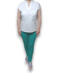 Costum medical alb-verde, bluza anchior si guler tunica, din tercot elastic 2