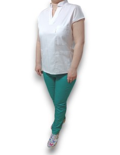Costum medical alb-verde, bluza anchior si guler tunica, din tercot elastic