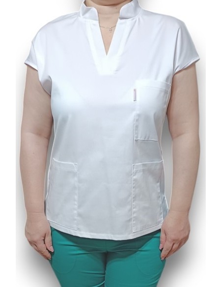 Halat medical alb, bluza anchior si guler tunica, din tercot elastic Halat medical alb, bluza anchior si guler tunica, din tercot elastic
