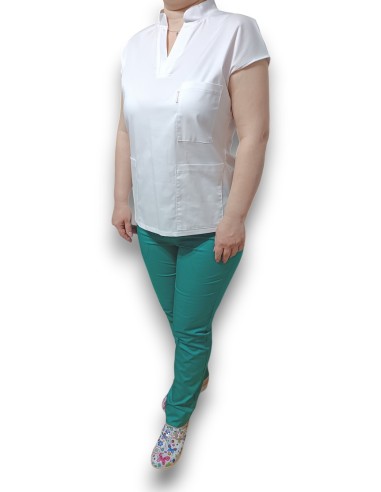 Halat medical alb, bluza anchior si guler tunica, din tercot elastic