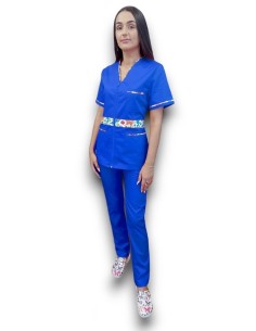 Costum albastru medical dama elastic cu fermoar AMA 2