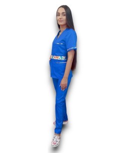 Costum albastru medical dama elastic cu fermoar AMA
