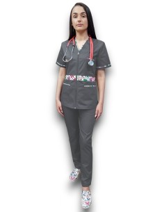 Costum medical gri dama elastic cu fermoar AMA 2