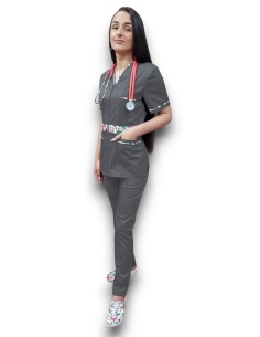 Costum medical gri dama elastic cu fermoar AMA