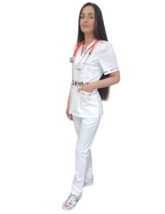 Costum alb medical pentru femei cu fermoar