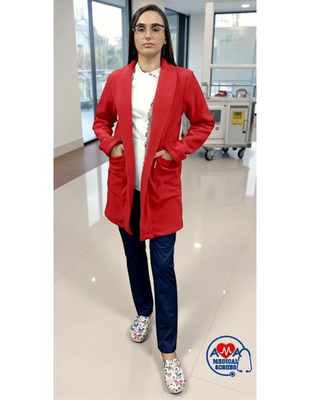 Halat medical polar rosu din micropolar anti-pilling, model unisex Halat medical polar rosu din micropolar anti-pilling, model unisex