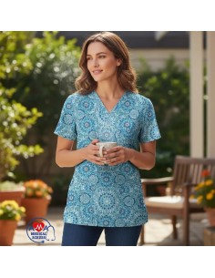 Bluza medicala bumbac 100% Blue India, imprimeu indian stilizat