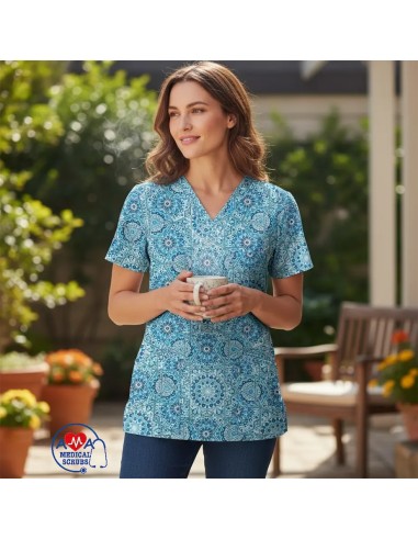 Bluza medicala bumbac 100% Blue India, imprimeu indian stilizat