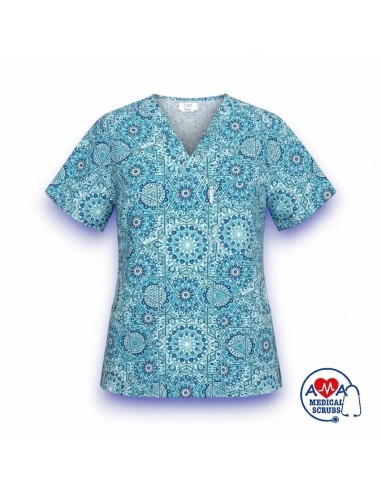 Bluza medicala dama cu anchior, albastru cu motive florale
