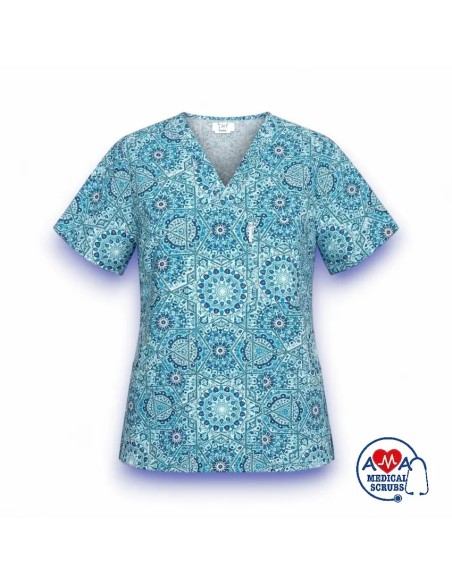 Bluza medicala dama cu anchior, albastru cu motive florale Bluza medicala dama cu anchior, albastru cu motive florale