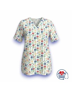 Bluza medicala dama bumbac imprimat Flowers, croi cambrat 2