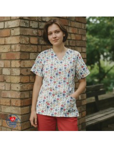 Bluza medicala dama bumbac imprimat Flowers, croi cambrat