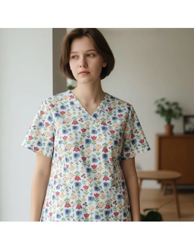 Halat medical dama cu anchior, din bumbac imprimat Flowers