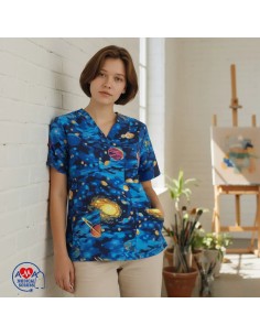 Bluza medicala dama bumbac Stellarium, imprimeu planete si stele
