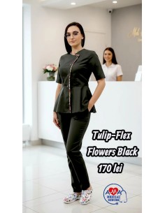 Costum medical de dama Tulip-Flex Flowers negru, elegant si rafinat