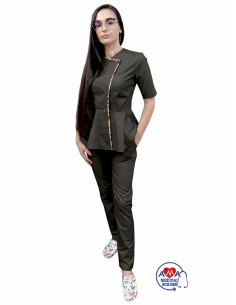 Costum medical de dama Tulip-Flex Flowers negru, elegant si rafinat 2