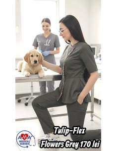 Costum medical de dama Tulip-Flex Flowers gri, elegant si rafinat