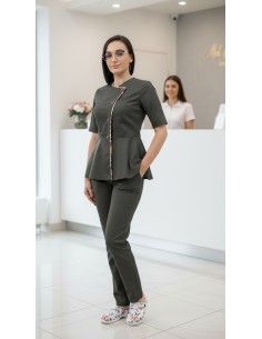 Costum medical de dama Tulip-Flex Flowers gri, elegant si rafinat 2