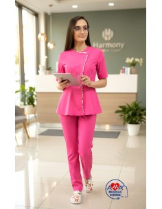Costum medical de dama Tulip-Flex Flowers ciclam, elegant si rafinat 2